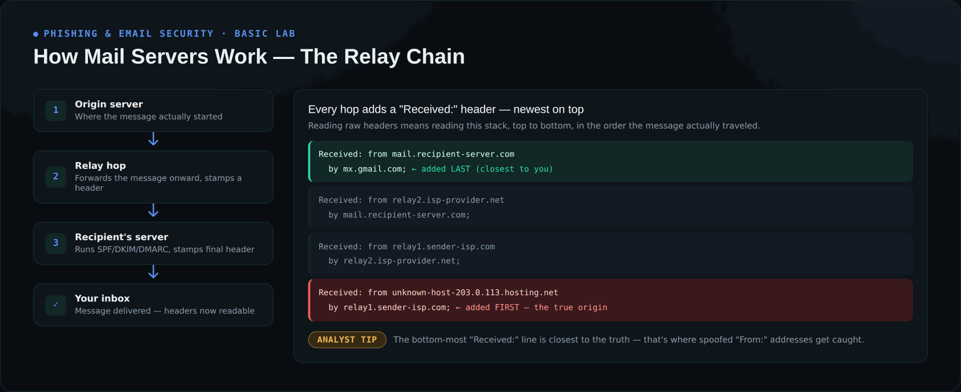 Diagram showing how each mail server in a relay chain adds a Received header, and that the trail must be read bottom to top to find the true origin