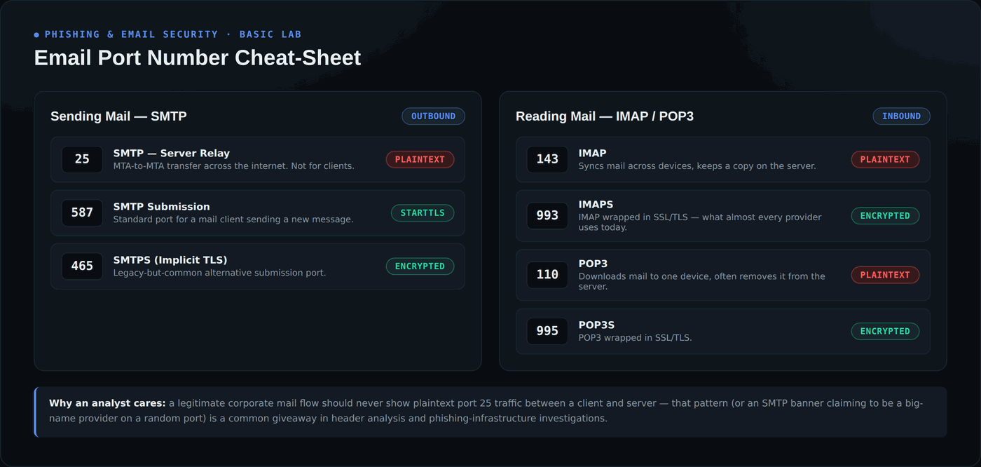 Cheat sheet of email port numbers: SMTP 25, 587, 465 for sending; IMAP 143, 993 and POP3 110, 995 for reading mail